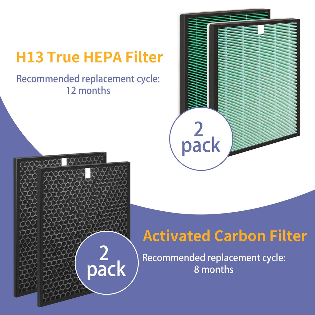 Popurure SPA-550A Filter Replacement Compatible With Rabbit Air BioGS 2.0 Air Purifiers, Model SPA-550A and SPA-625A, 2 True HEPA(H13) Filters + 2 Activated carbon Filters