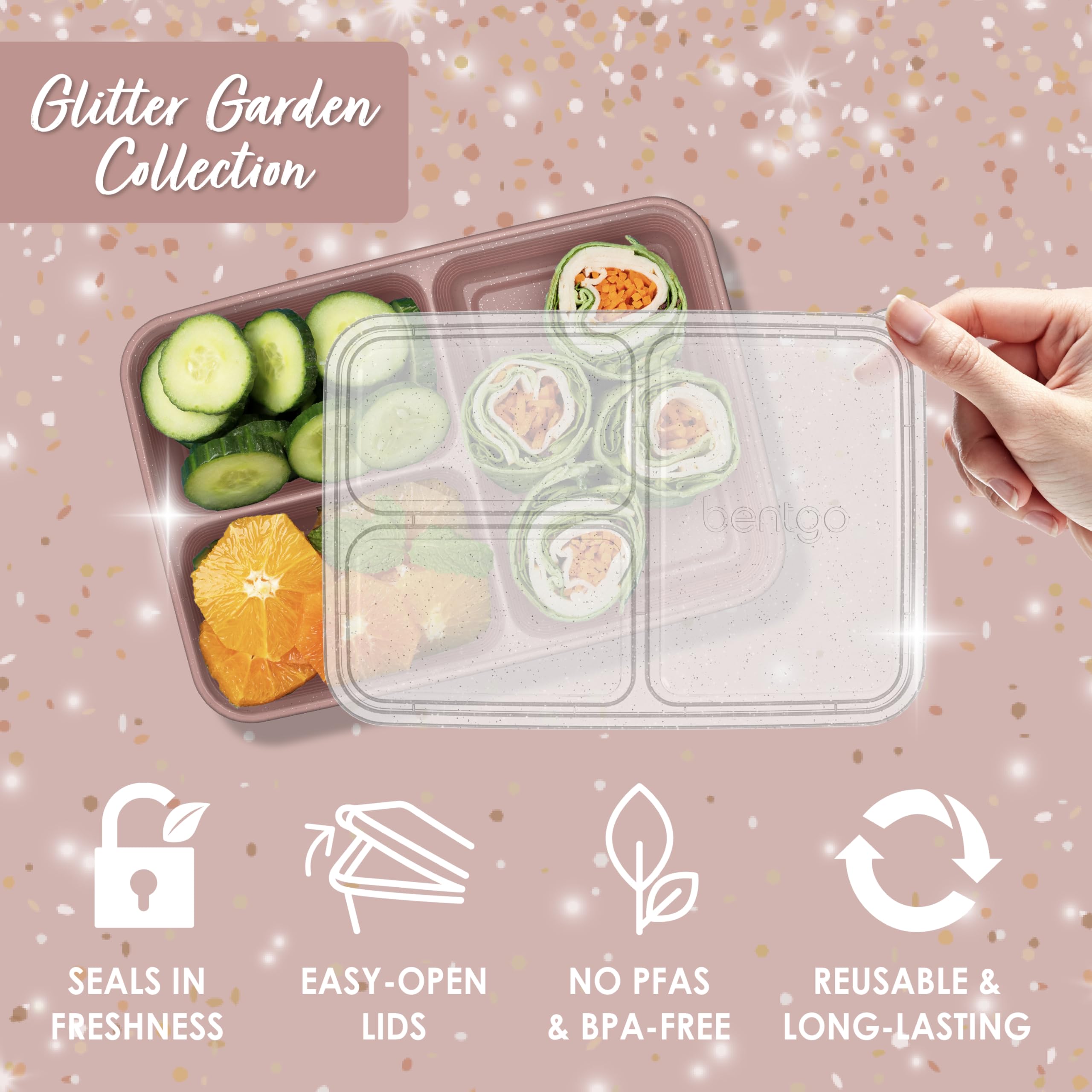 Bentgo Prep - 20-Piece 3-Compartment Reusable Meal Prep Containers with Lids, PFAS & BPA Free Materials, Durable, Microwave, Freezer, & Dishwasher Safe To Go Food Storage (Rosette Glitter)