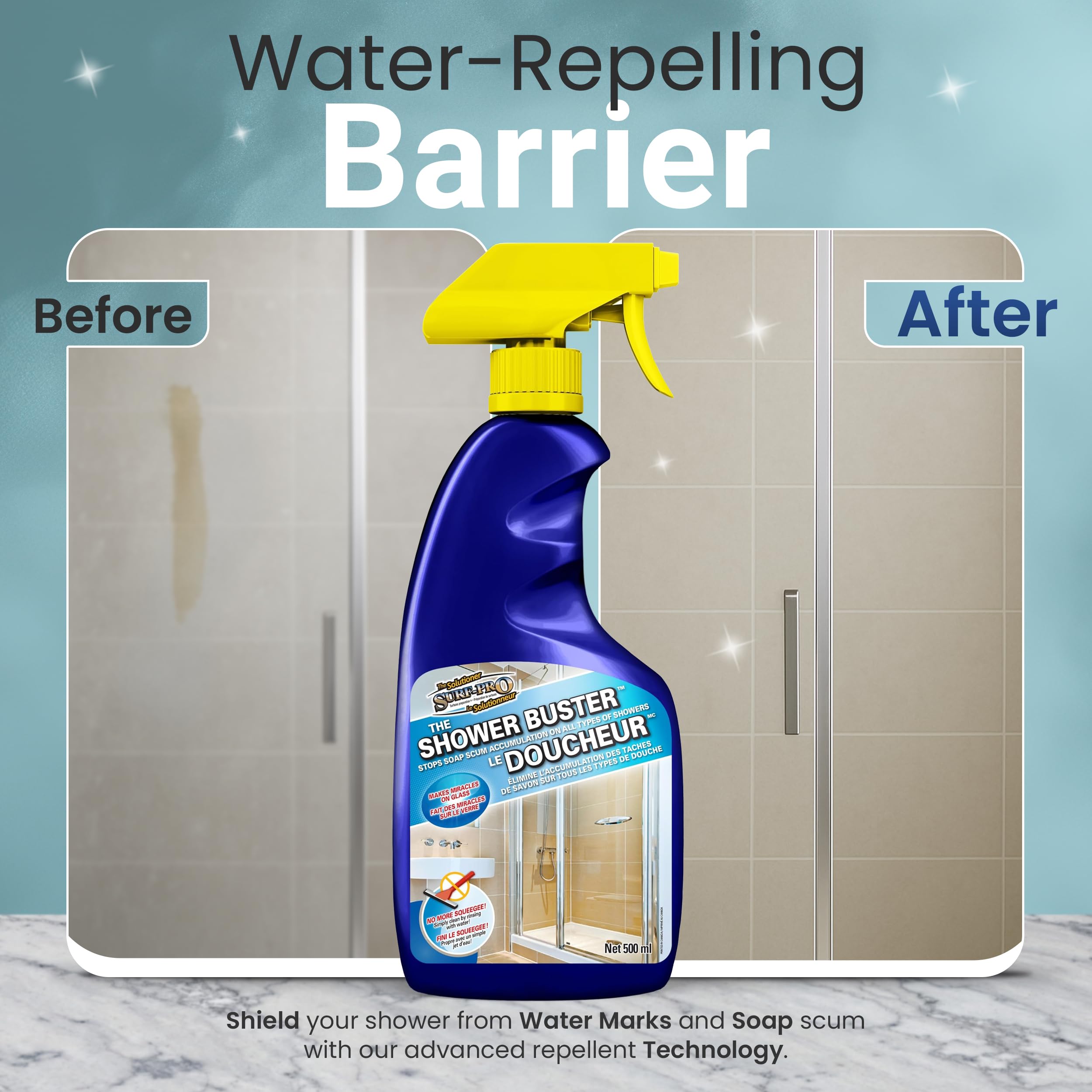 SURF PRO Shower Glass Door Cleaner – Shower Buster Spray for Soap Scum & Hard Water Stains – No Scrub Bathroom Cleaner for Glass, Tile, Chrome, Ceramic, RV and Septic Safe (500ml / 16.9oz)