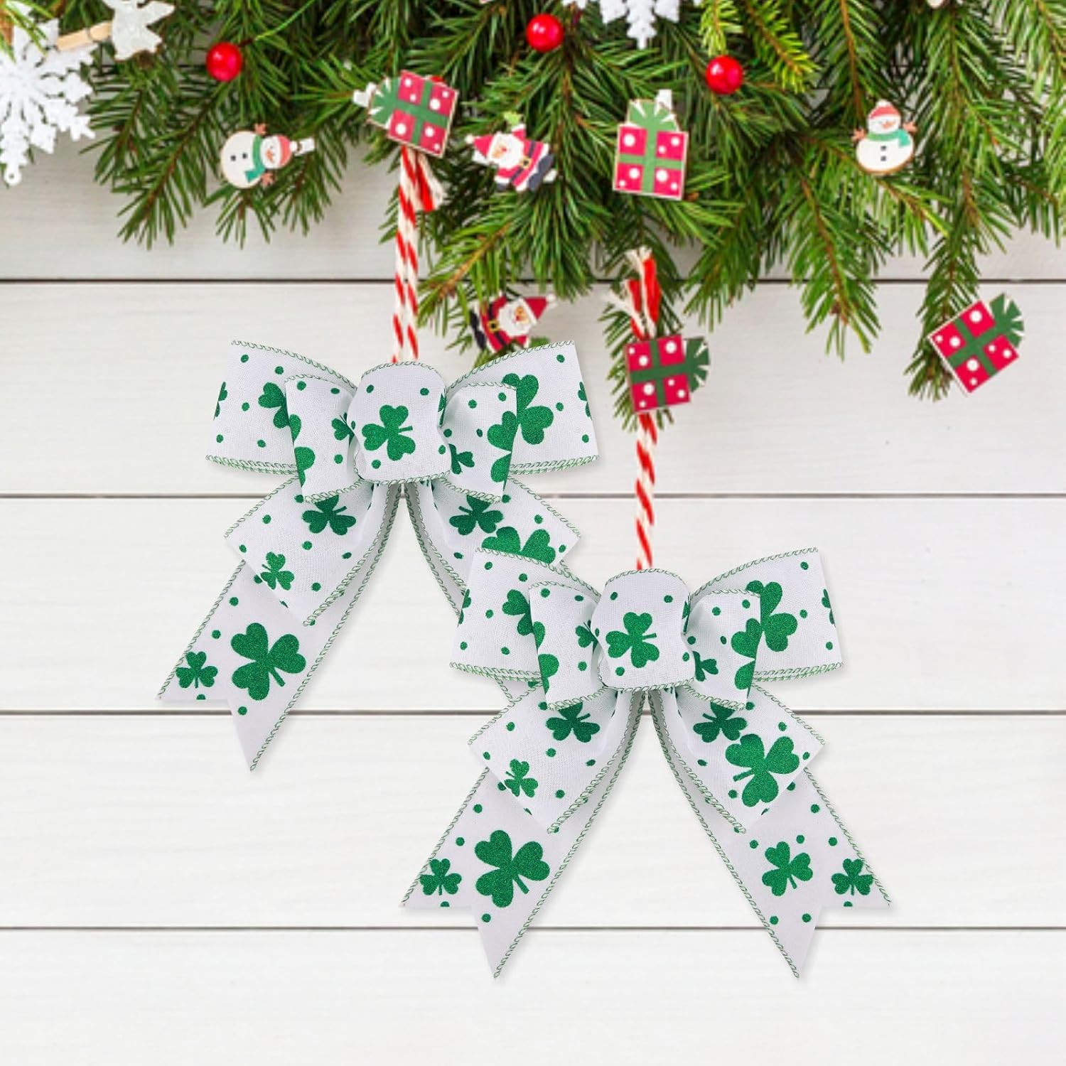 Meseey St. Patrick's Day Bow Wreath Decoration - Reusable Green & White Shamrock Bows for Home Decor | 2 Pcs Set