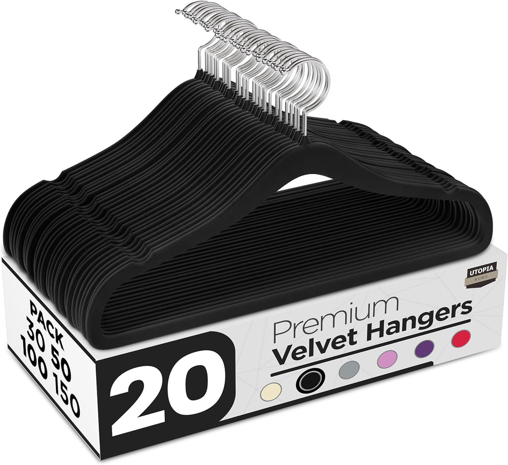 Utopia Home Velvet Hangers - Luxury Non-Slip Slim Coat & Pant Hangers, 20-Pack, Black with 360° Swivel Hook