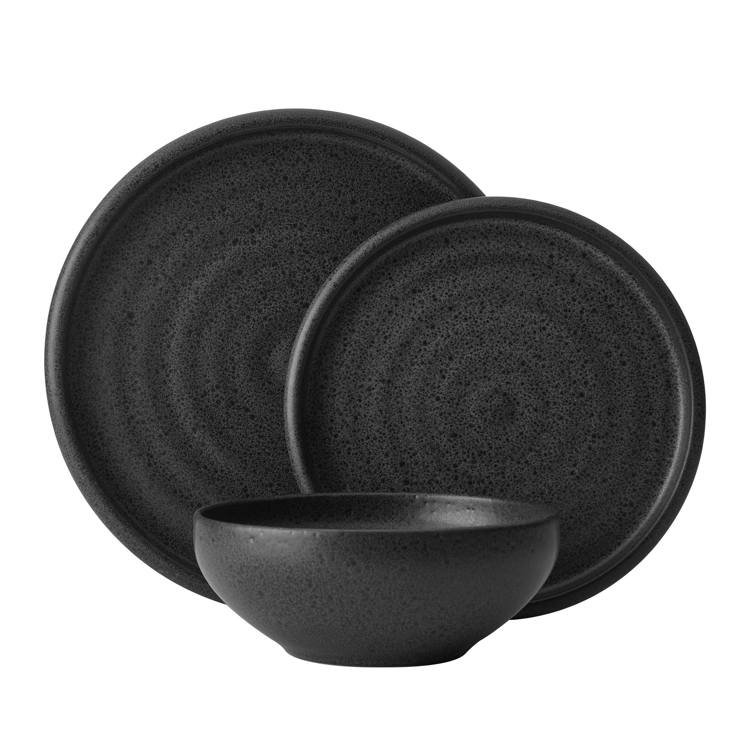 Mikasa Declan 12 Piece Stoneware Dinnerware Set, Service for 4, Modern Black Plate and Bowl Dishes with High Rims, Black