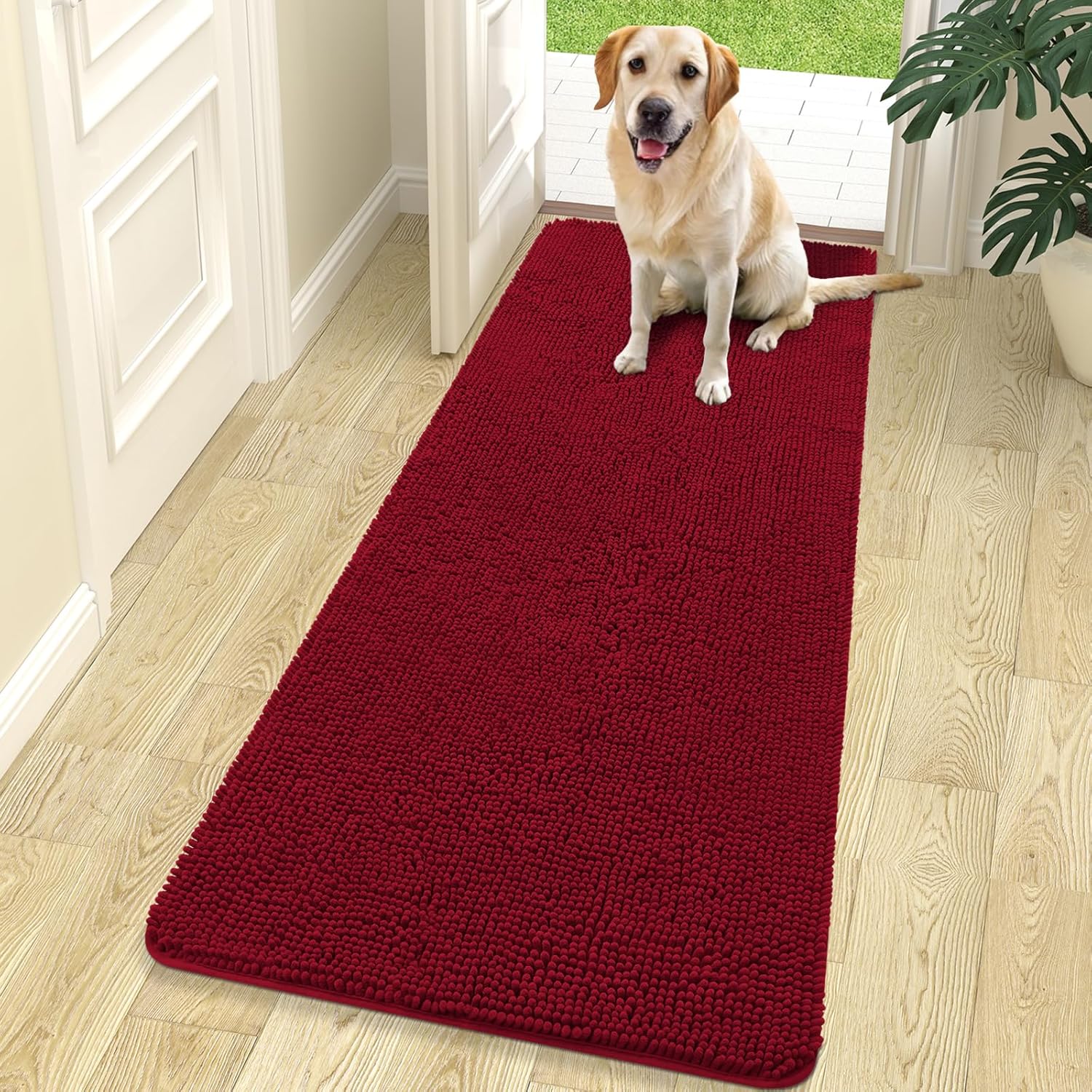 OLANLY Dog Door Mat - Absorbent Non-Slip Washable Chenille Mat for Muddy Paws | 70x24 Inches, Red