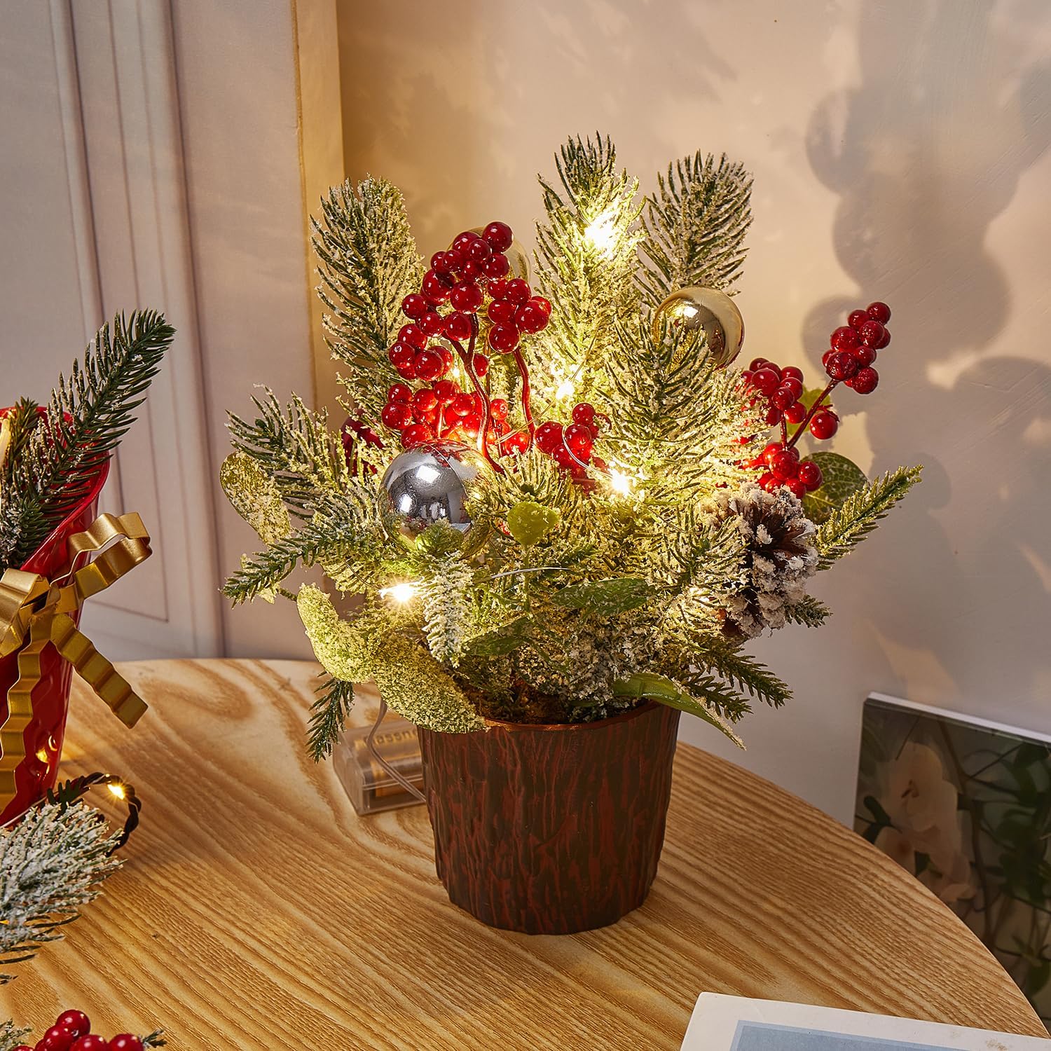 Skiennix Mini Christmas Tree - Tabletop Xmas Tree with Lights & Ornaments | Perfect Holiday Centerpiece