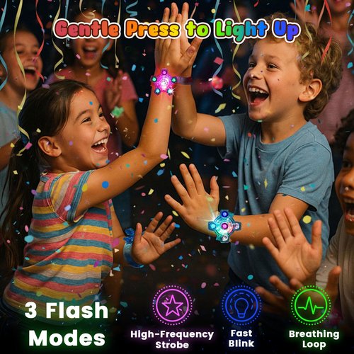 LovesTown 24 Pack LED Light Up Fidget Spinner Bracelets for Kids Ages 3-12, 6 Styles Party Favors Pack, Stocking Stuffers New Year Birthday Goodie Bags, Party Size