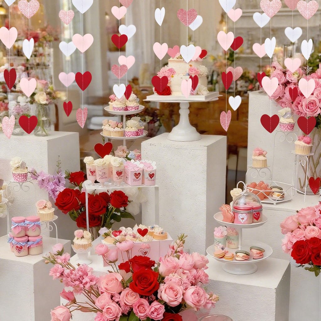 XIANMU 8 Strands Heart Garland Valentines Day Heart Paper Streamers Banner Rose-Gold Pink Burgundy-Red Party Decorations for Mothers Day Wedding Engagement Party Supplies