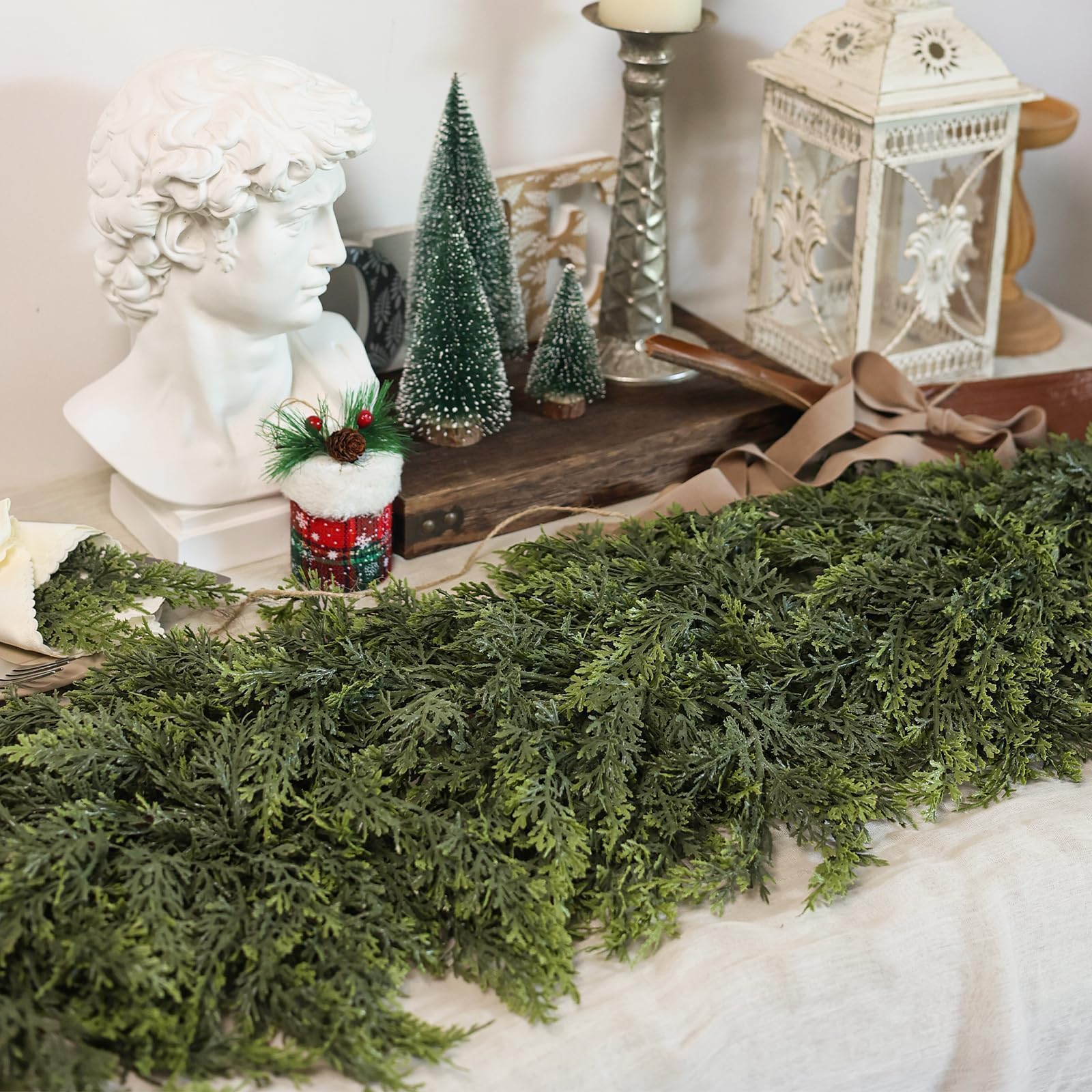 9FT Real Touch Christmas Cedar Garland - 1PCS, Artificial Pine Needles Garlands Realistic Fake Green Faux Garland for Holiday Fireplace,Table,Window,Stairs,Mante,Indoor Outdoor Decor
