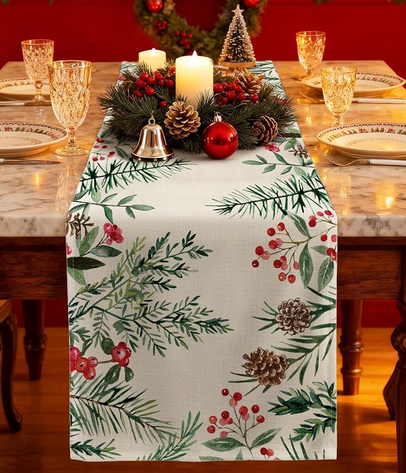 Miss Adola Holly Pine 13x72 In. Christmas Table Runner - Watercolor Berries