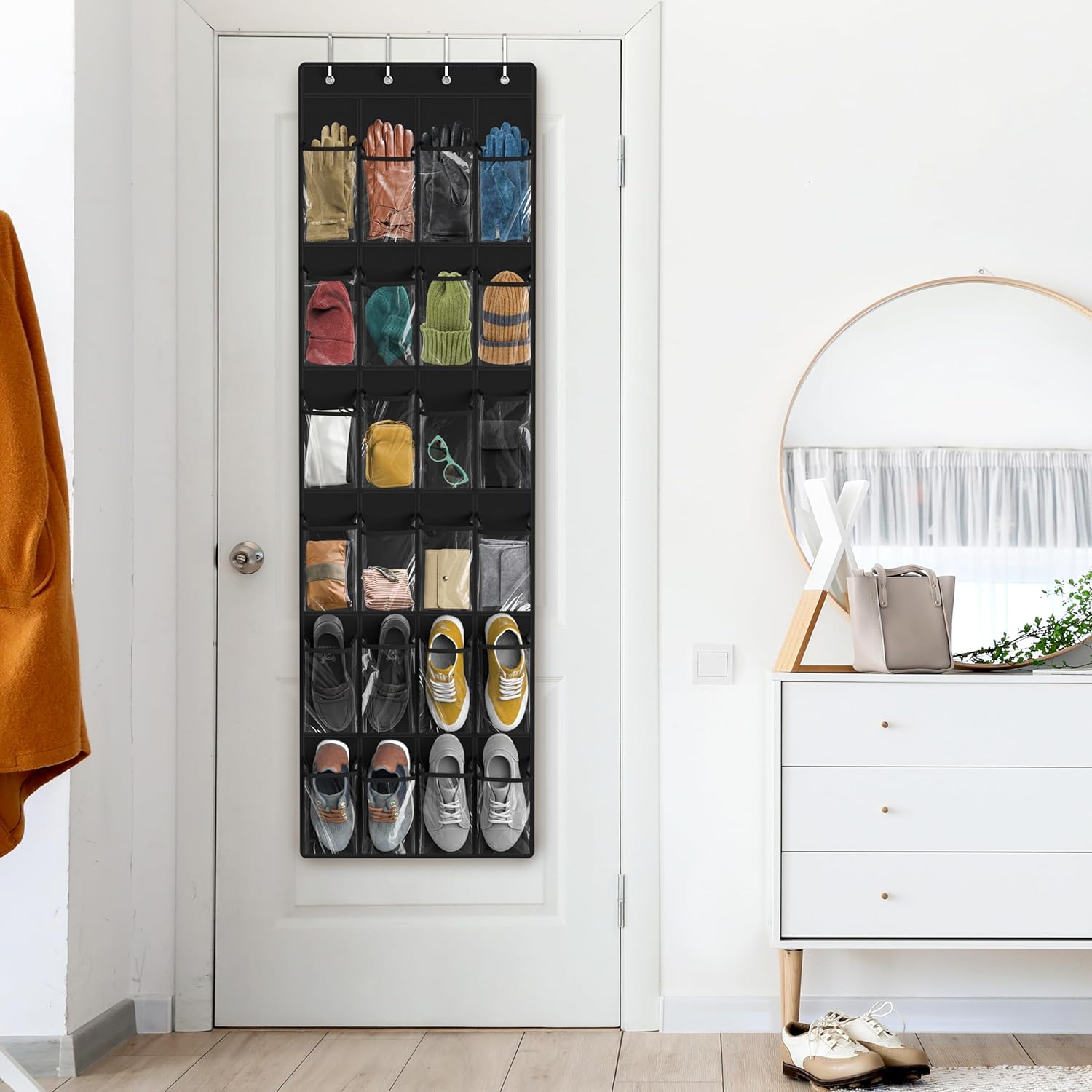 Simple Houseware 24 Pockets Over The Door Hanging Shoe Organizer - Crystal Clear, Black (64'' x 19'')
