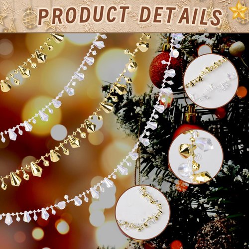 16 Feet Christmas Garland Christmas Tree Crystal Beads Garland Clear Iridescent Large Twinkle Ice Double Twist Christmas Tree Garland Perfect for Winter and Xmax Tree Decorations and Home Décor (Gold)