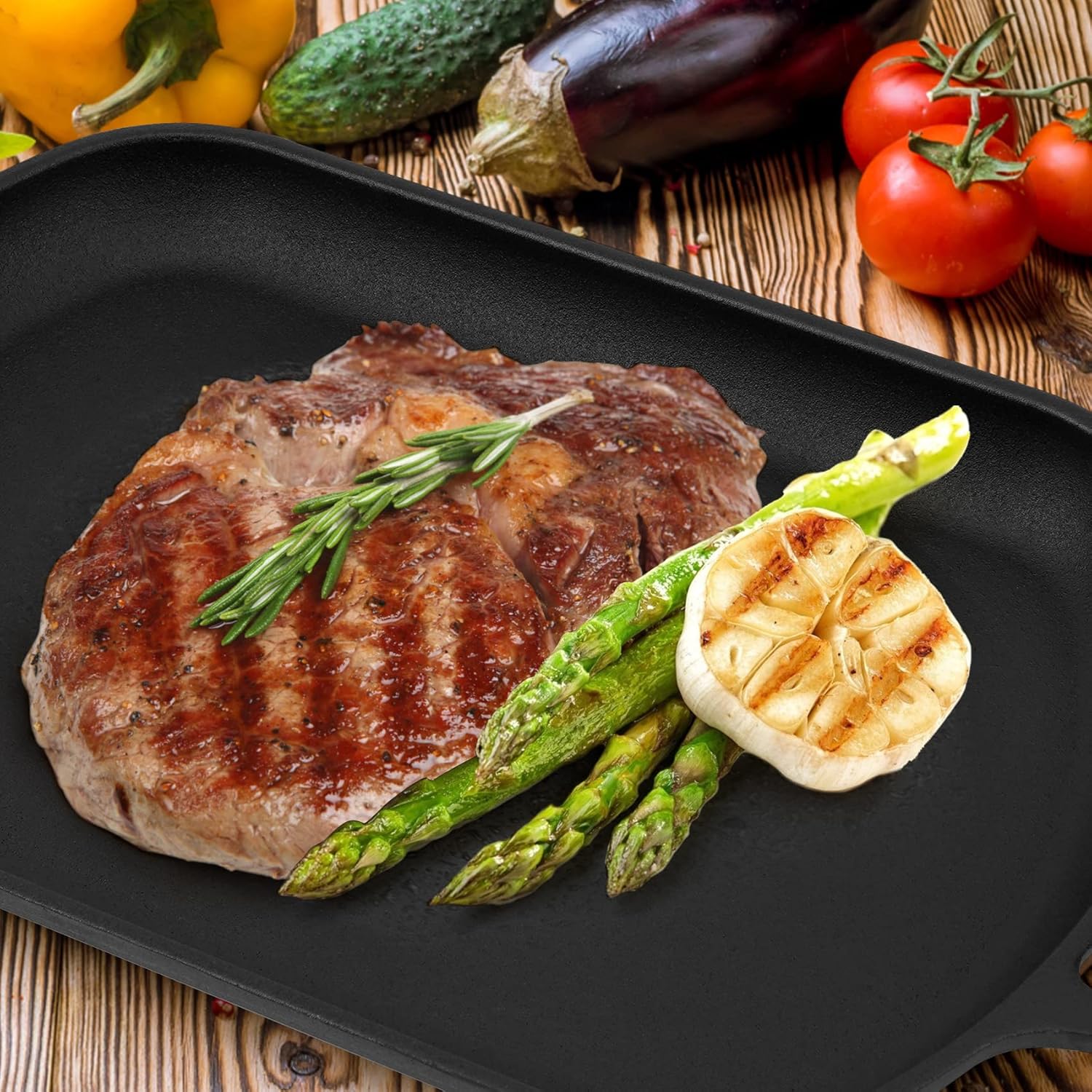 Mimiuo Cast Iron Sizzler Pan - 14 Inch Non-Stick Fajita Skillet for Pizza Oven & Grill | Removable Handle