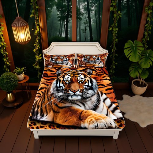 Manfei Tiger 3D Print Fitted Sheet Twin Size Wild Animals Bedding Set 2pcs for Kids Teens Room Decor,Animal Fur Bed Cover Soft Breathable Bed Sheet Set with 1 Pillowcase