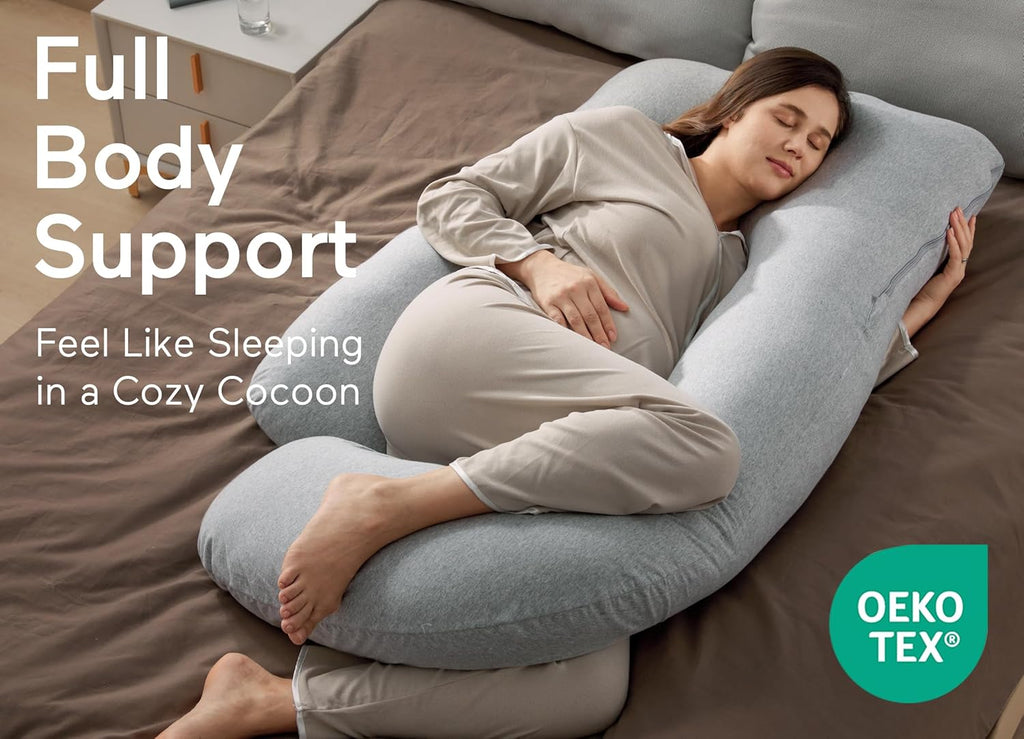 Momcozy U Shaped Pregnancy Pillow - 57 Inch Full Body Maternity Support with Removable Cotton Cover | Hatha Grey