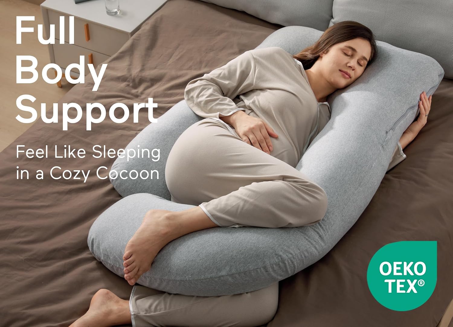 Momcozy U Shaped Pregnancy Pillow - 57 Inch Full Body Maternity Support with Removable Cotton Cover | Hatha Grey