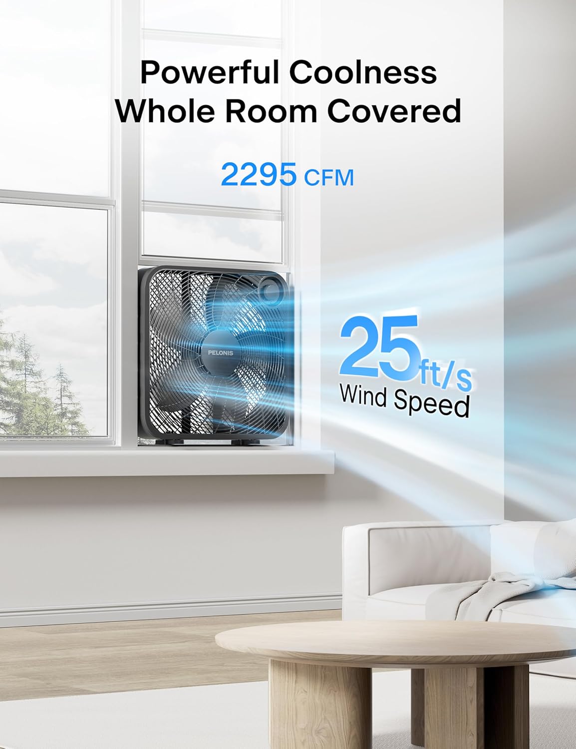 Pelonis 20 Inch Box Fan - 3 Speed Floor & Window Fan with Superior Air Throw (2295 CFM) - Lightweight & Versatile for Home or Office