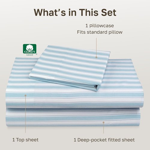 California Design Den Twin XL Cotton Sheets Set - 100% Soft Cotton, 400 Thread Count, Award-Winning Cape Stripe Blue