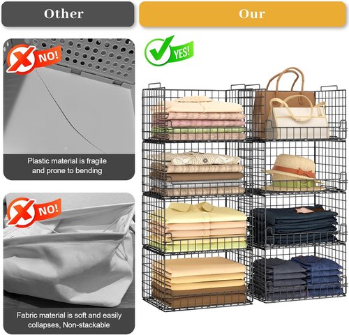 4-Tier Stackable Closet Organizers by [Brand Name] - Sturdy Metal Storage Bins for Space-Saving Wardrobe, Black