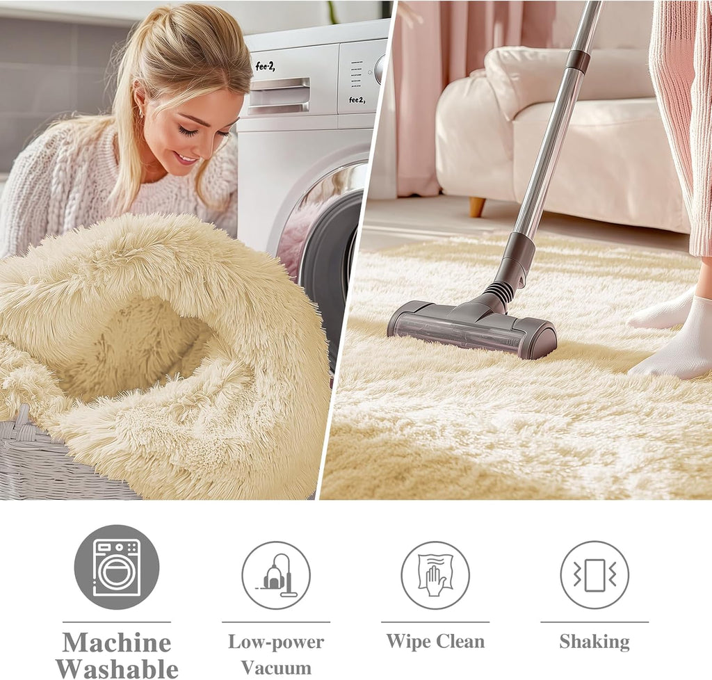 OLANLY Round Cream Area Rug - Soft, Fluffy, Machine Washable 6 ft Circle Carpet for Bedroom & Living Room Decor
