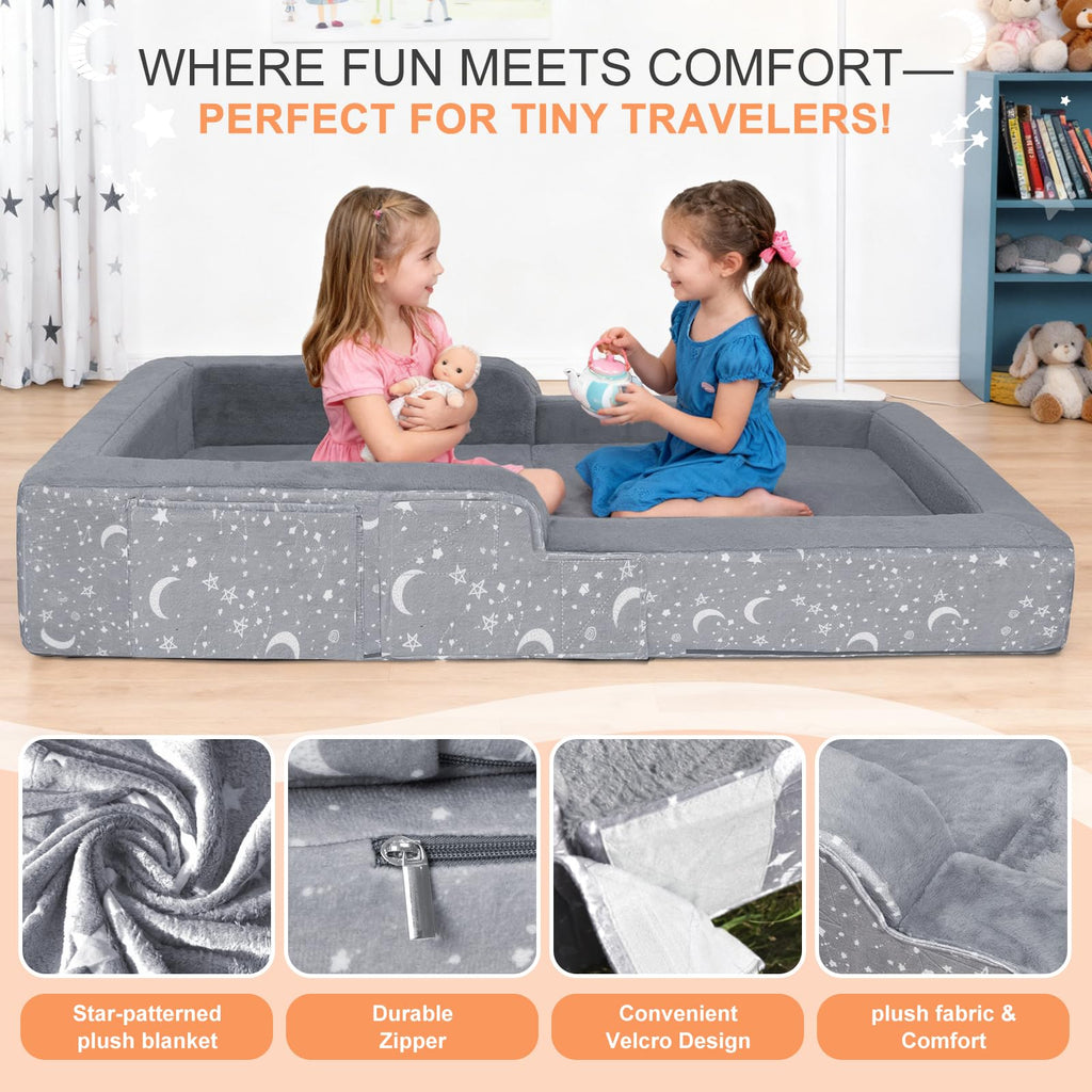 Portable Toddler Travel Bed, 2 in 1 Foldable Toddler Bed Sofa Chair, Soft Baby Kids Travel Floor Beds with Washable Cover, Blanket, Safety Foam Raised Bumper for Camping Hotel Grandma’s House Sleeping