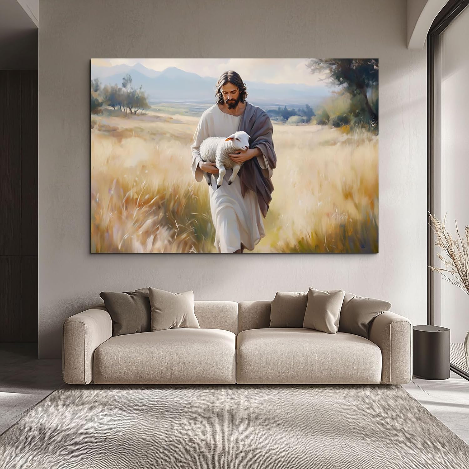 Wewejia Jesus and Lamb Canvas Wall Art - Large 46x32 Inch Religious Faith Print for Home Decor