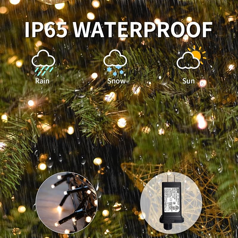 Warm White 8.2ft 16-Stream Cascading Christmas Tree Lights with Ring, 448 LEDs, Dimmable, 8 Modes, IP44 Plug-in