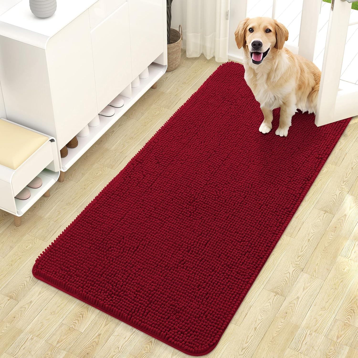 OLANLY Dog Door Mat - Absorbent Non-Slip Washable Doormat for Muddy Paws | 47x24 Red Chenille Carpet