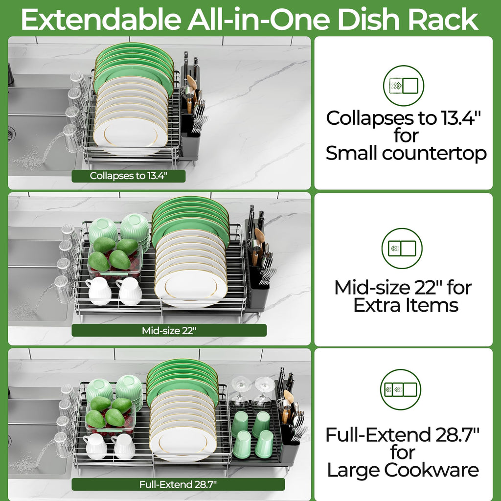 Pantasia Large Dish Drying Rack, Expandable Dish Rack, Stainless Steel Anti-Rust Dish Racks for Kitchen Counter, Multifunctional Dish Drainer with Utensil Holder & Cup Holder, 13.4"-28.7" L x 11.8" W