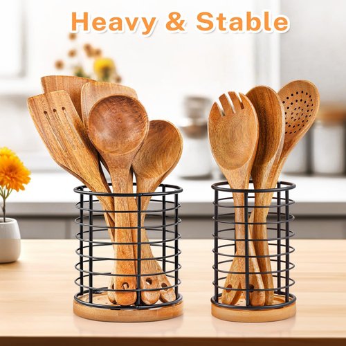 hunnycook 2-Piece Utensil Holders - 5.1*5.1*5.8 and 3.7*3.7*5.8 inches Kitchen Utensil Holders, Metal Black Crocks with Wooden Base, Easy to Drain