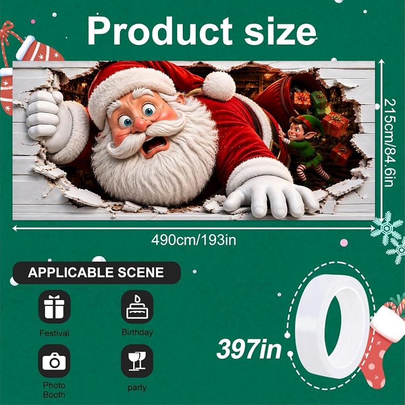 7x16 Ft Christmas Garage Door Banner - 3D Santa Breaking Through, Large Indoor/Outdoor Holiday Backdrop - Variation: Funny Stuck Santa
