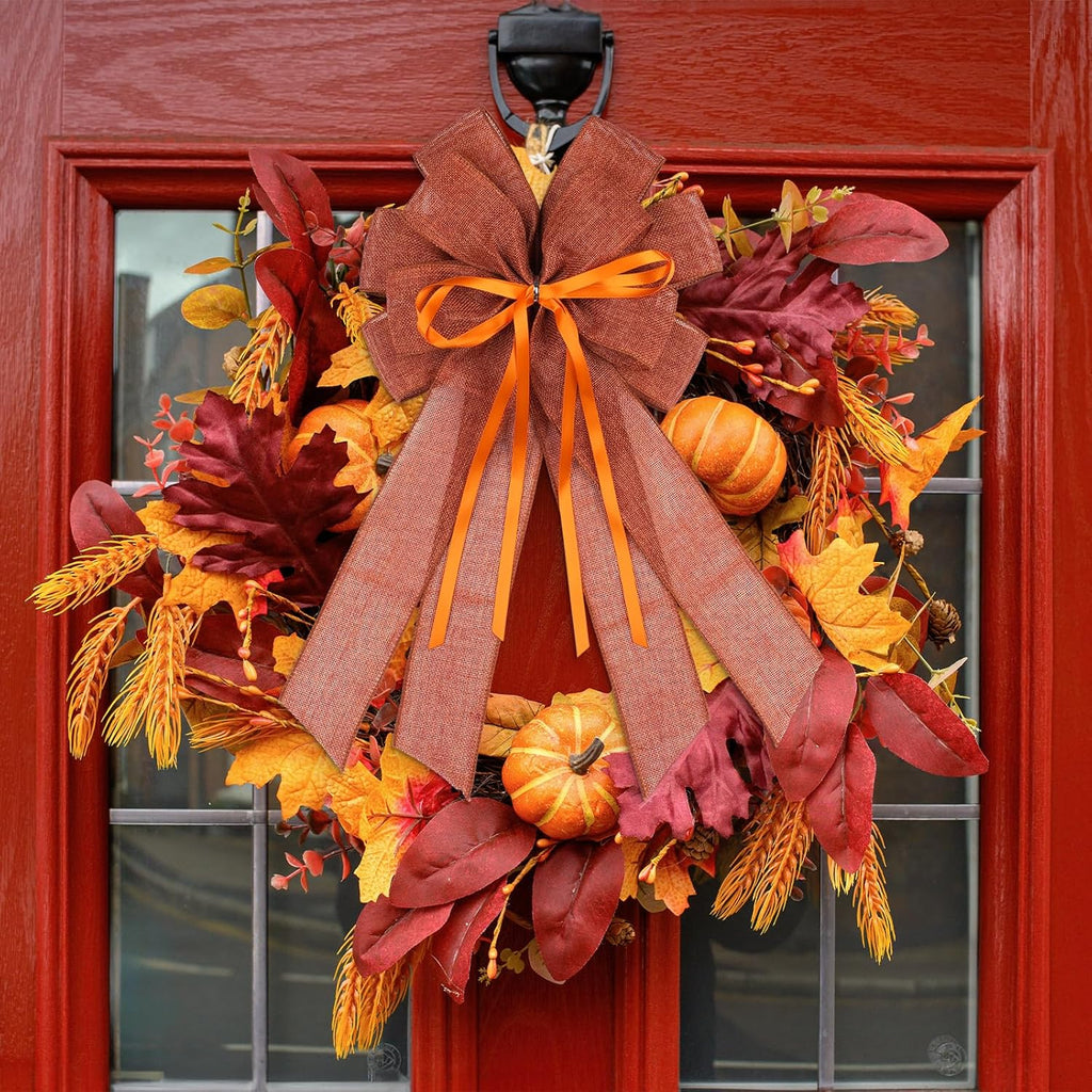 YKW Large Maple Orange Burlap Bow - 20x11 Inch Fall Decor for Wreaths & Tree Toppers