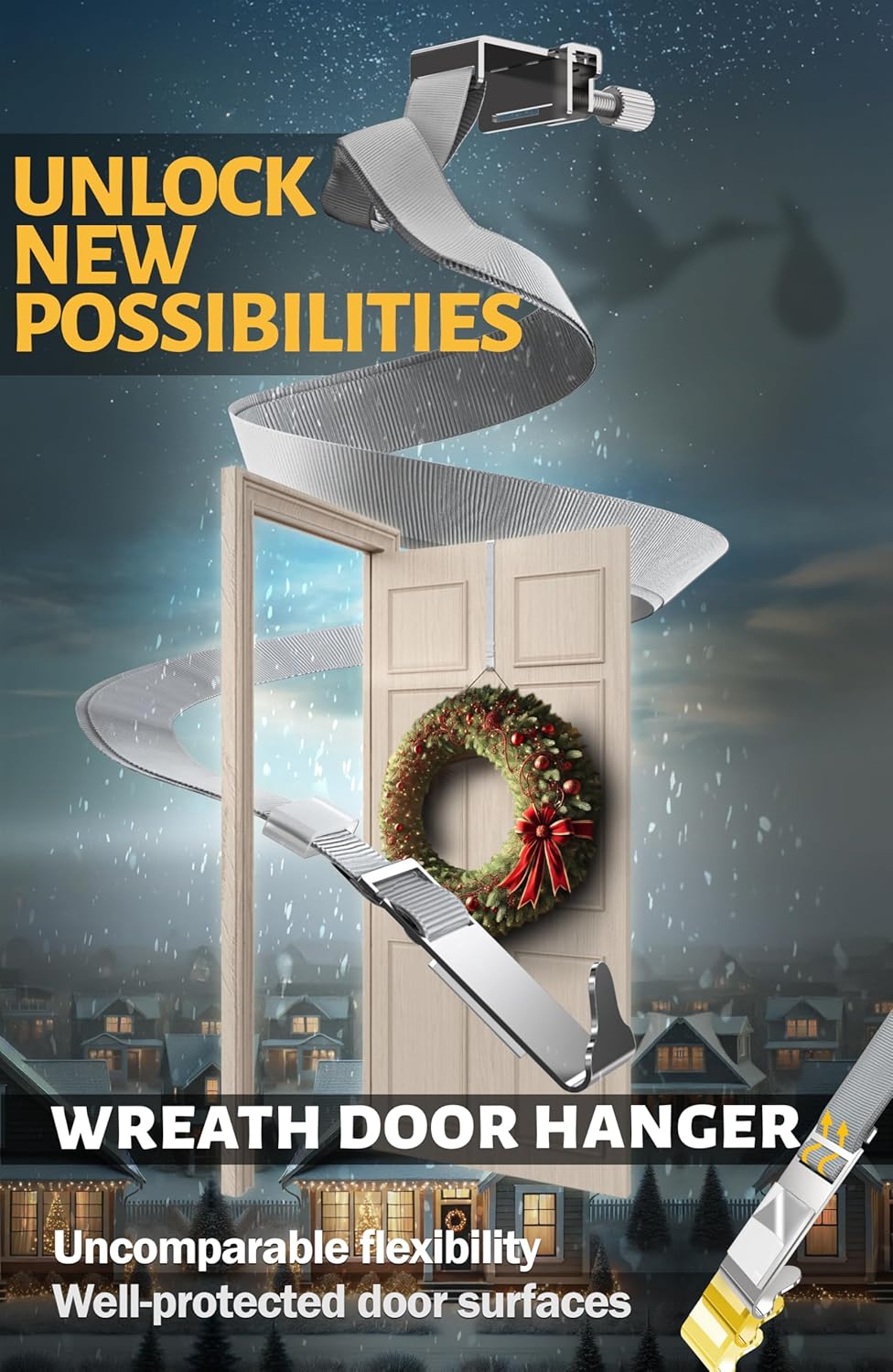 Menz Wreath Door Hanger - Adjustable Non-Scratch Decoration Holder for Front Door | Stainless Steel