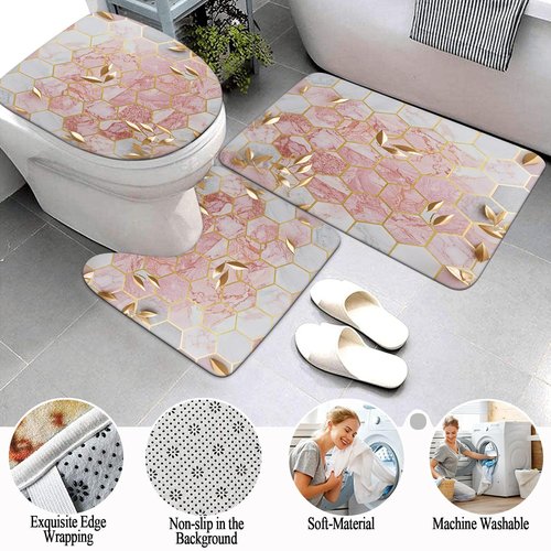 Omebero 4 Pcs Pink Shower Curtain Sets with Rugs Bathroom Sets with Shower Curtain and Rugs Modern Abstract Halloween Bathroom Decor Accessories Shower Curtains for Bathroom Toilet Lid Cover