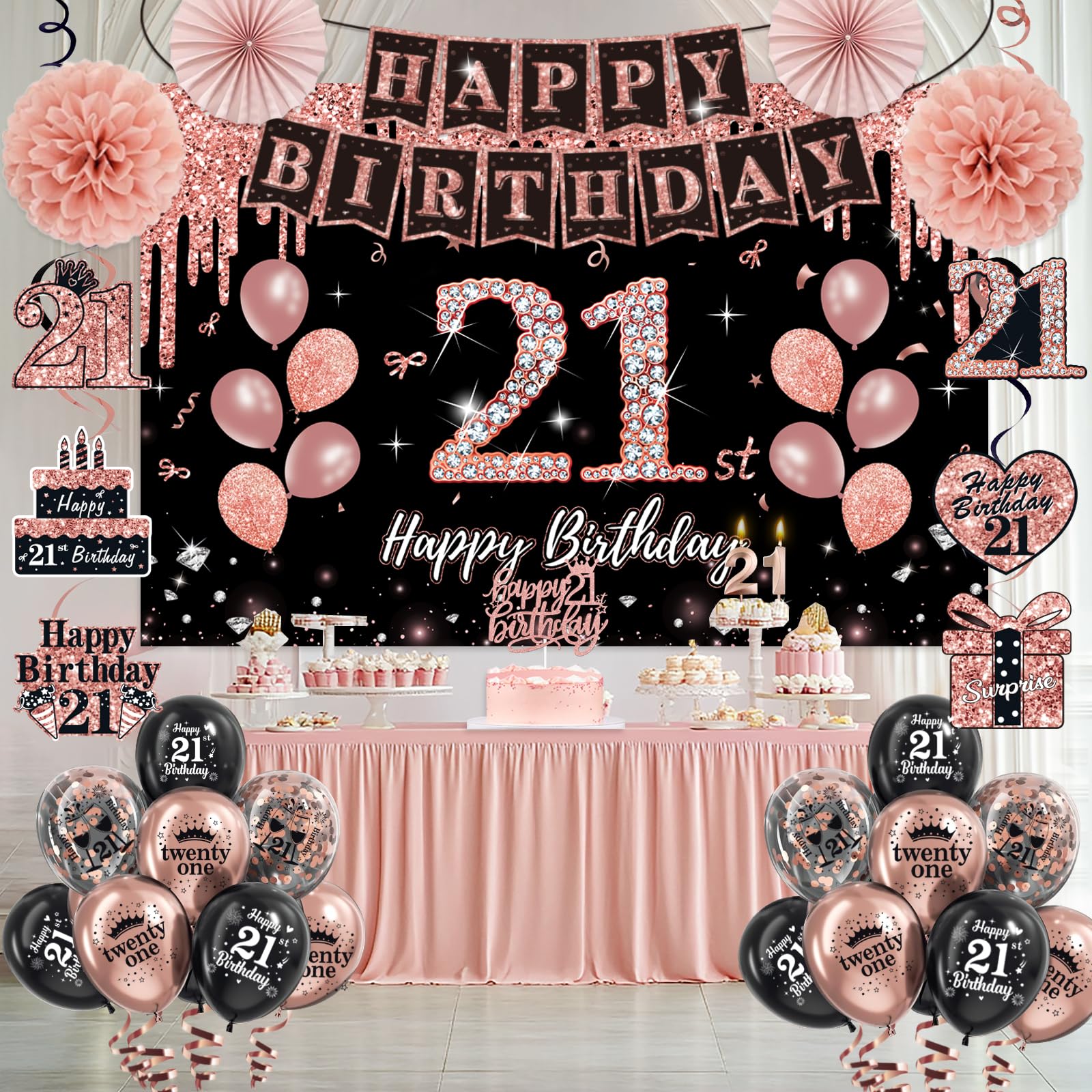 21st Birthday Decorations for Her,50Pcs PRE-STRUNG Rose Gold Black Party Set-21 Years Old Crown and Sash,Banner,Hanging Swirl,Backdrop Decor,CakeTopper,Age Candle, Balloons,Paper Fans,PRE-ASSEMBLED