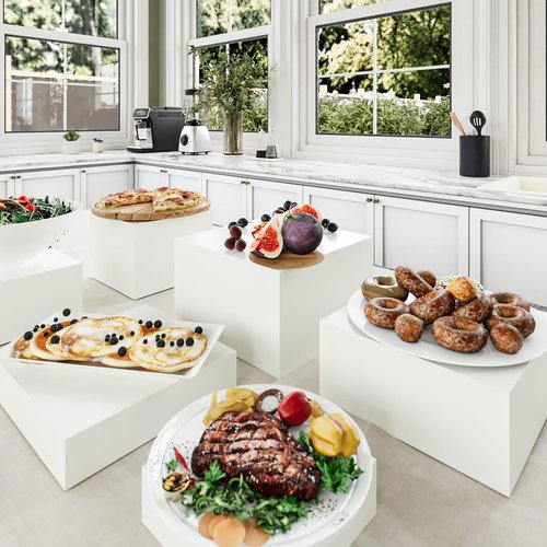 Laumffon Buffet Risers, Food Risers for Buffet Table, Display Stand Shelf for Catering Dessert Collectibles Jewelry Figures Show, White Acrylic Cube Display Nesting Risers with Hollow Bottoms