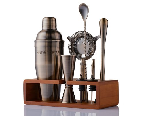 Mint & Mortar Cocktail Shaker Set, 7-Piece Bartender Kit with Stand, 24oz Martini Shaker Bottle Stainless Steel Bar Tools, Home Bar Accessories Drink Mixer, Barware Gift Set - Brushed Gold