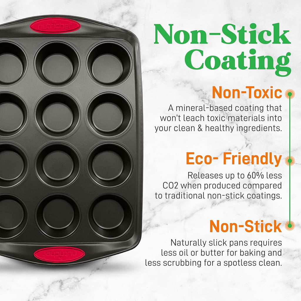 NutriChef 6-Piece Baking Pan Set - Nonstick Carbon Steel Bakeware with Red Silicone Handles | Includes Cookie Sheets, Roaster Pan, Loaf Pan & Muffin Pan (Black)