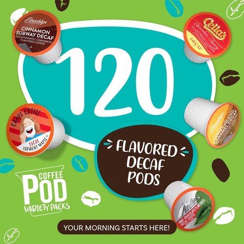 Coffee Pod Variety Packs Flavored Decaf Sampler, Assorted, Compatible with 2.0 K-Cup Brewers, Variety Pack, 120 Count (Pack of 1)