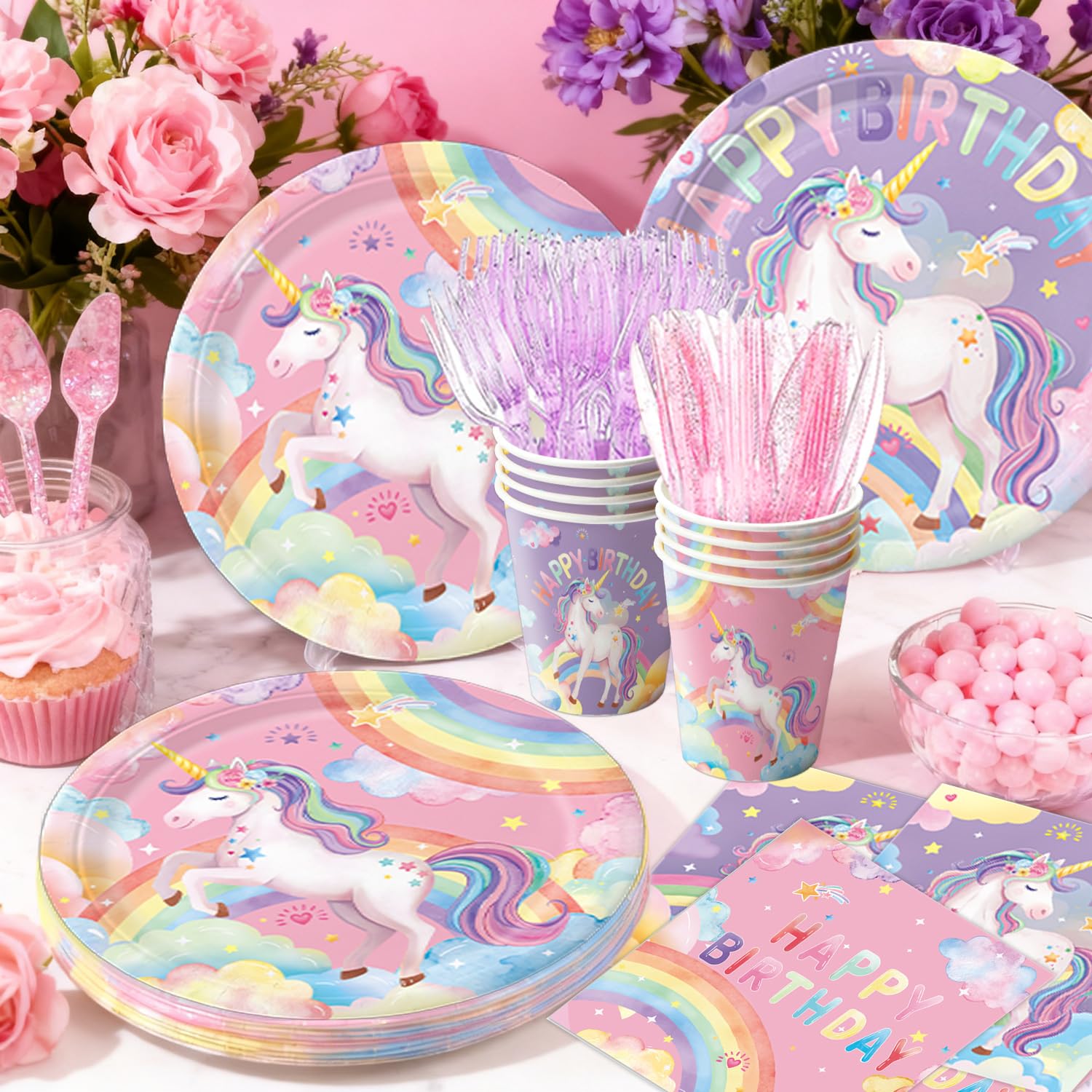 NKPDAXM Unicorn Birthday Decorations - Plates, Napkins, Cups, Cutlery, Hanging Swirls, Banner, Honeycomb Centerpiece, Balloons, Tablecloths for Rainbow Girls Birthday Party Decorations, Serves 24