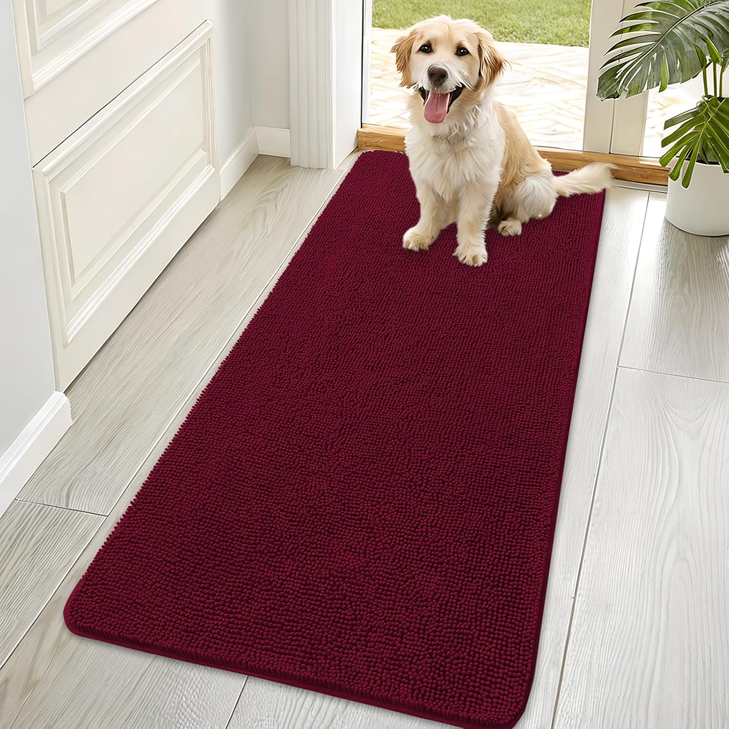 OLANLY Dog Door Mat - Absorbent Non-Slip Chenille for Muddy Paws | 70x35 Inches, Quick Dry, Burgundy