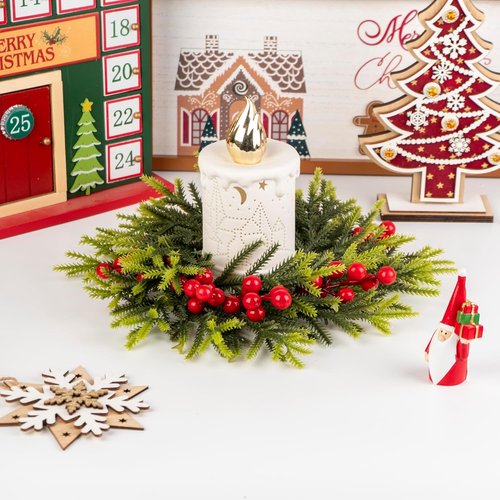 Christmas Candle Rings by [Brand Name] - 11.6 Inch Artificial Pine & Red Berries | Perfect for Holiday Decor & Centerpieces