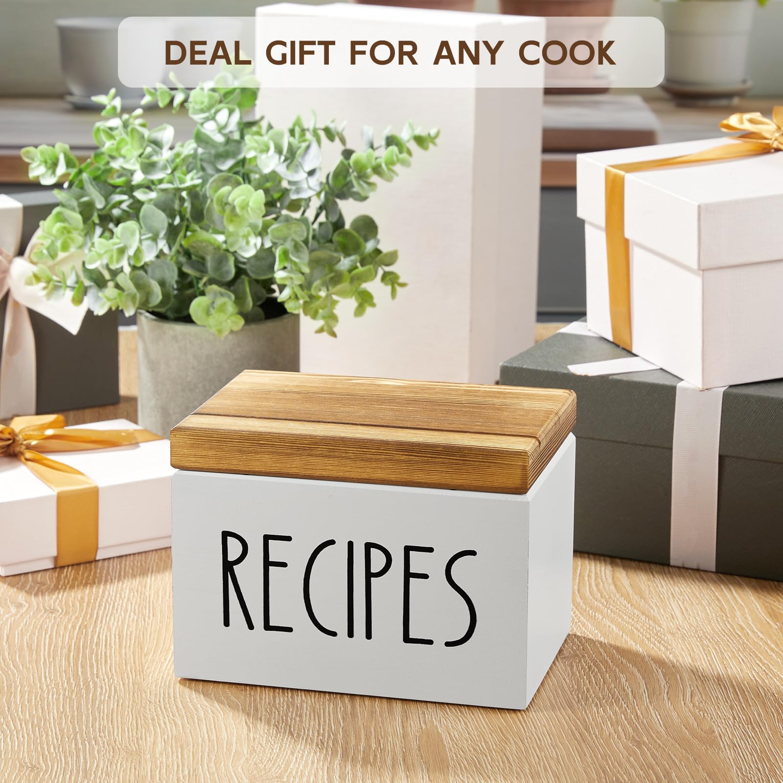 BWODYAY Recipe Box, Wood Recipe Card Box Set, Recipe Box with 100 Cards and 6 Dividers,4x6 Recipe Organizer, Recipe Card Holder, White