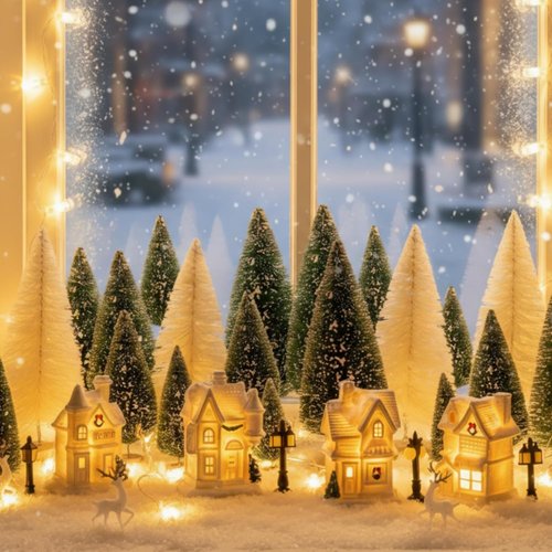 Kasyat Winter Village Set - 50 Pcs LED Lighted White Houses & Mini Trees for Christmas Decor