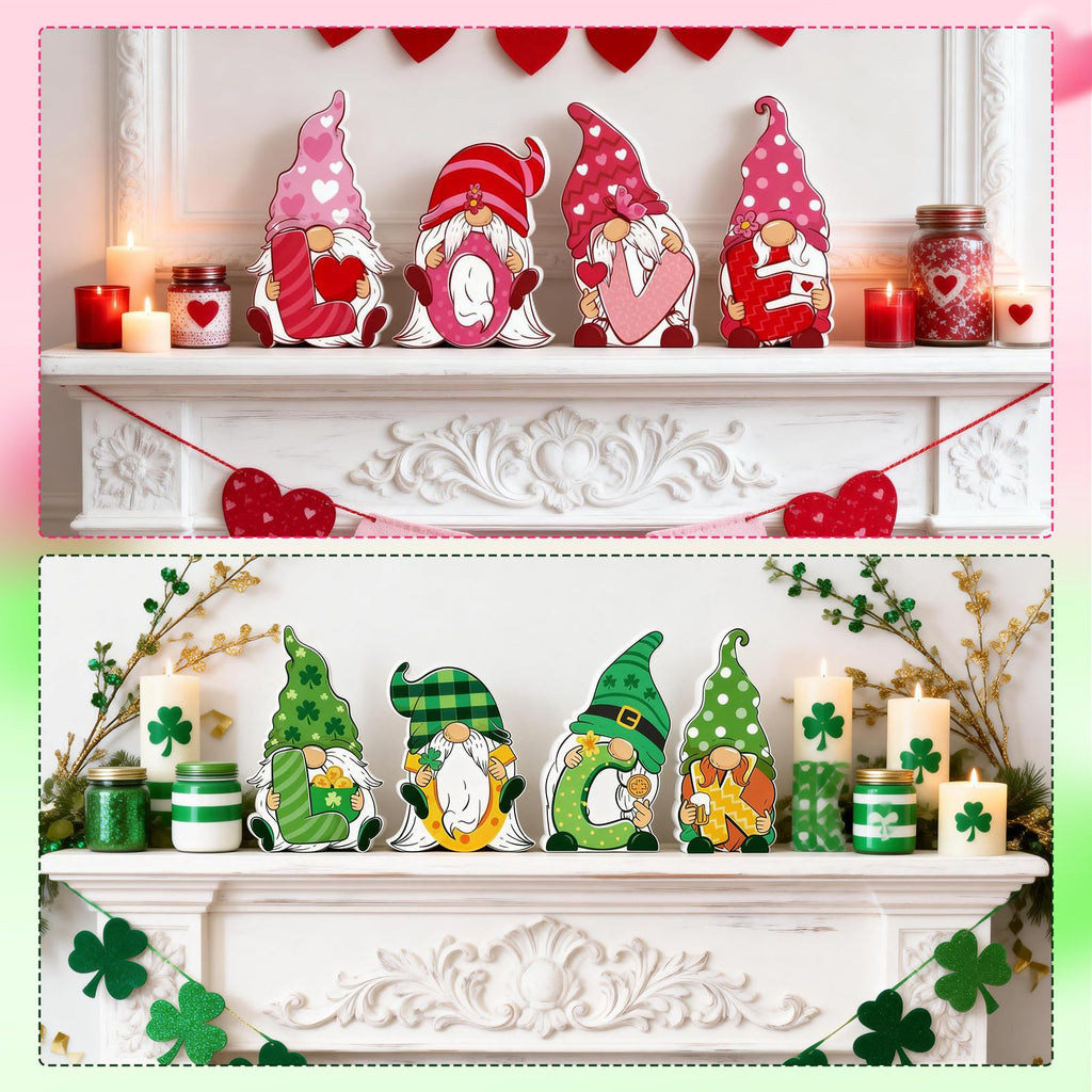 Valentines & St Patricks Day Decorations, 4 Pcs Double-sided Love & Luck Gnome Wooden Sign for Table Tiered Tray Mantel Decorations, Valentine and Shamrock Gnomes Centerpieces for Home Office Gifts