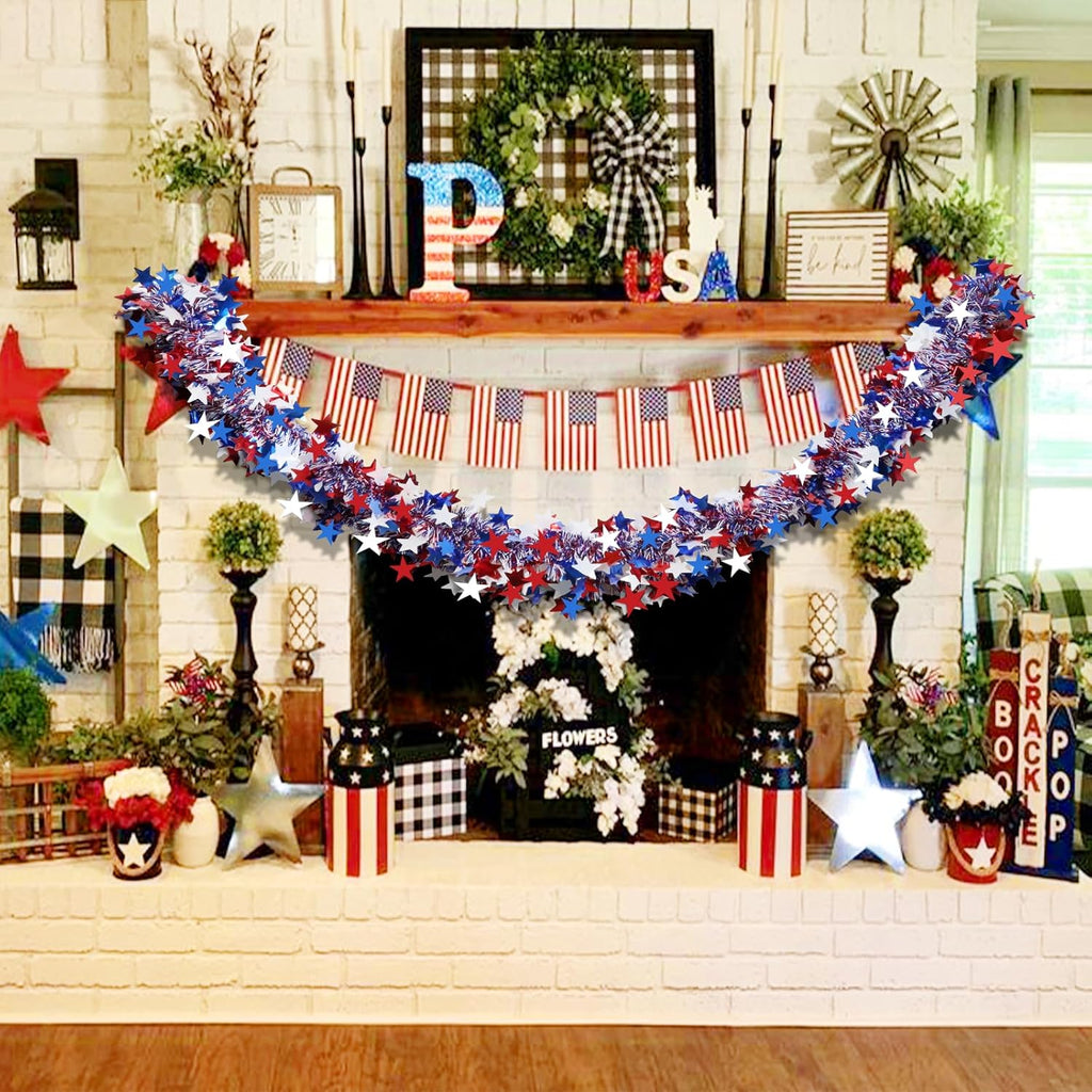 Skiennix 50Ft Glitter Tinsel Garland - Patriotic 4th of July Decorations for Indoor/Outdoor Use