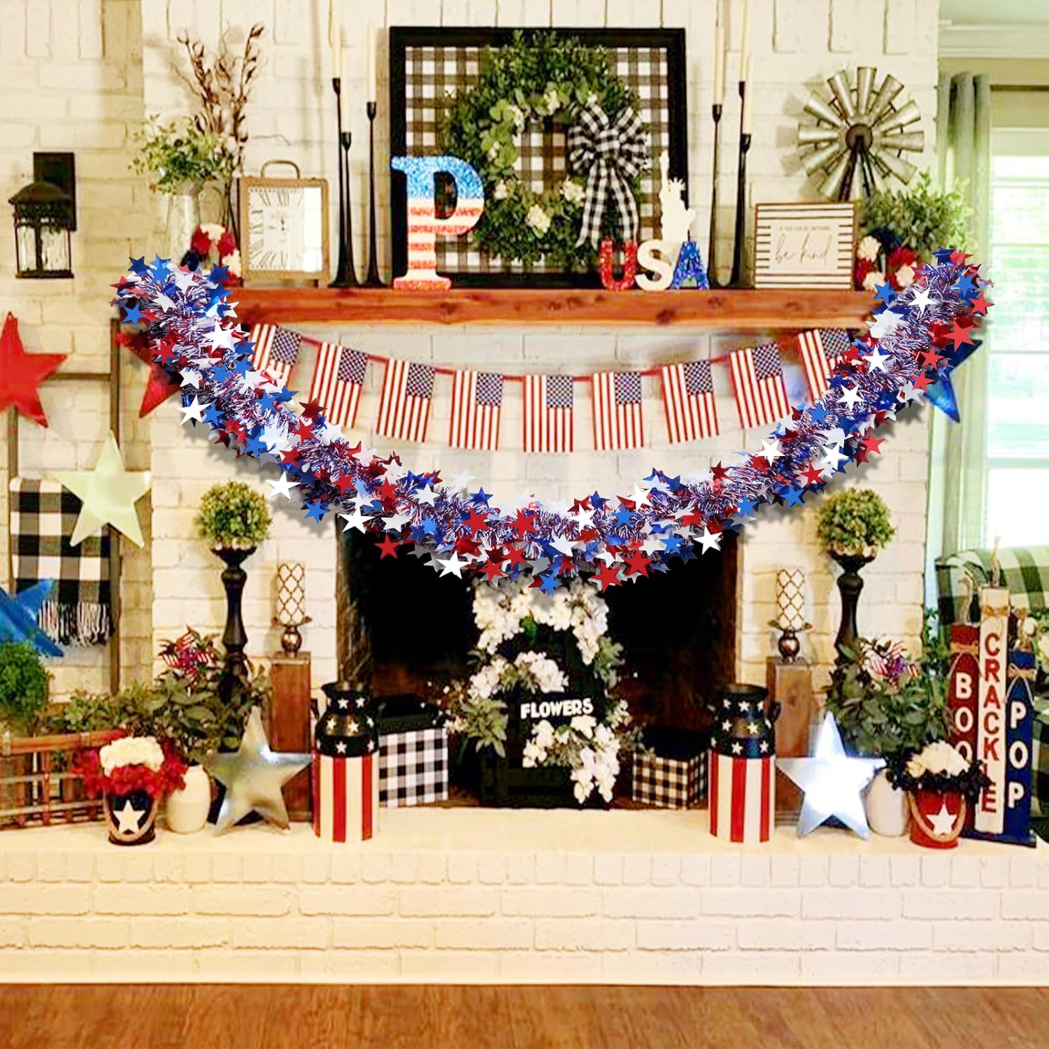 Skiennix 50Ft Glitter Tinsel Garland - Patriotic 4th of July Decorations for Indoor/Outdoor Use