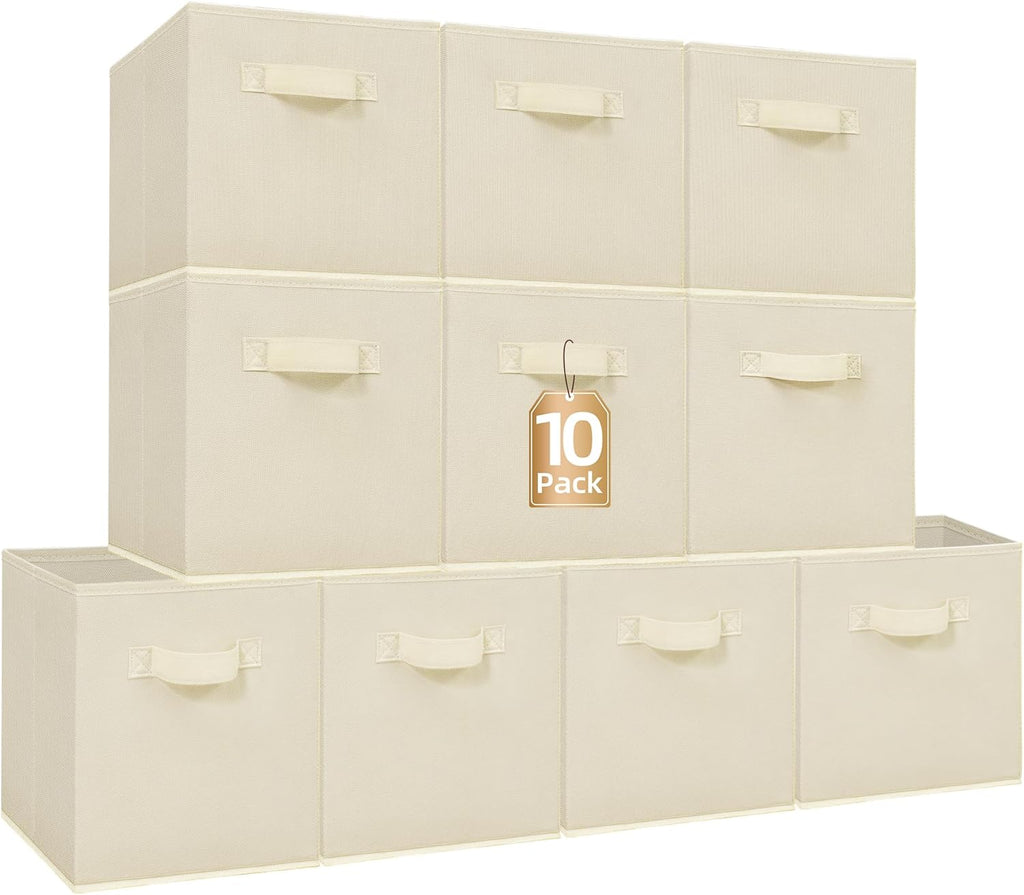 Storage Maniac Storage Cubes - 11-Inch Collapsible Bins with Handles | 10-Pack Beige Fabric Organizers