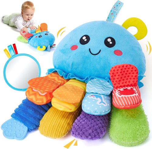 Hahaland Baby Sensory Toys - 15-in-1 Soft Tummy Time Toy with Crinkle Rattle & Mirror for Infant Development