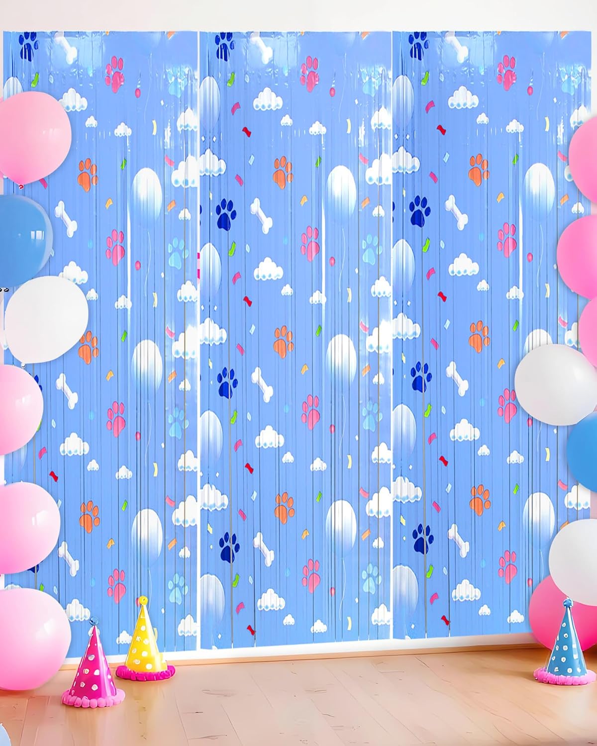 Paw Birthday Decorations - Blue Dog Theme Party Supplies | 3 Pack Tinsel Foil Fringe Curtains & Backdrop