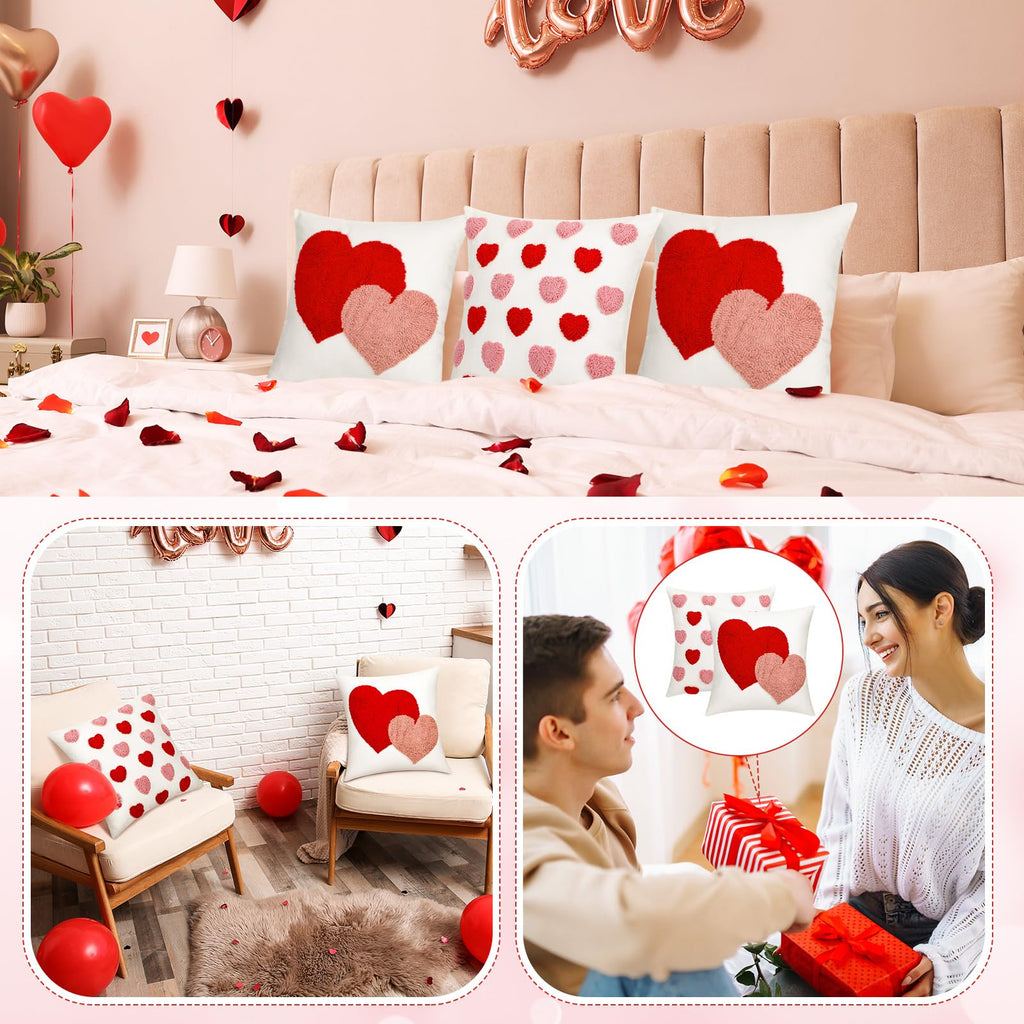 Briwooody 2 Pcs Valentine‘s Day Throw Pillow Covers 18 x 18 Inch Embroidery Cushion Covers Love Heart Pillow Cases for Sofa Bed Home Indoor Outdoor Decor Valentine Gift Couple Presents