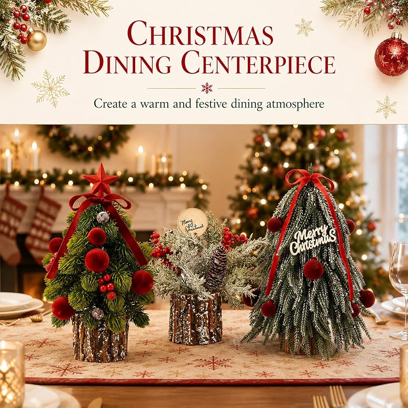 2 Pack Mini Christmas Trees with Red Velvet Pine Needles – Tabletop Decor, Rustic Stump Base